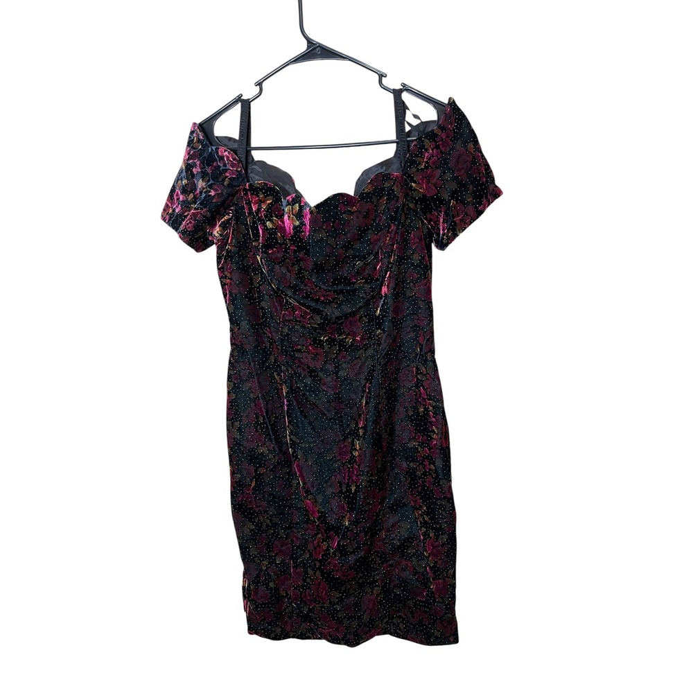 Steppin' Out Vintage Velvet Dress Floral‎ Party Cocktail Black Pink Size  7